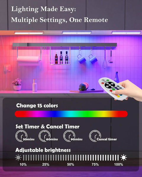 Rechargeable Wireless Under Cabinet Lights With Remote Control, 48 LED Bright White And RGB, Dimmable lights in kitchen