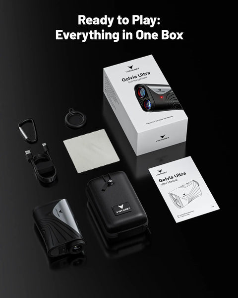 Golvia Ultra Range Finder With Optical Image Stabilization And Tournament Legal Slope Switch box contents displayed