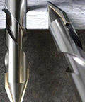 Close-up of a 4-piece dry drilling bit set with carbide tips for tiles, concrete, glass, wood, and metal