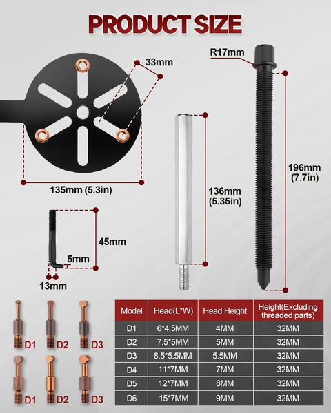 Clatoon 21-in-1 bearing puller kit with curved hook and red steel collet; includes long puller rod and six D1–D3 tips.