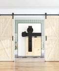 Antique Style 15 Foot Double Sliding Barn Door Hardware Roller Track Kit Black Finish installed on wooden doors