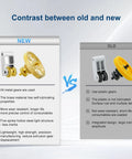 Comparison between Gold DLC Slant Gear Kit Brass Extruder Gear with golden RNC nano coating and older plastic gear model for 3D printers.