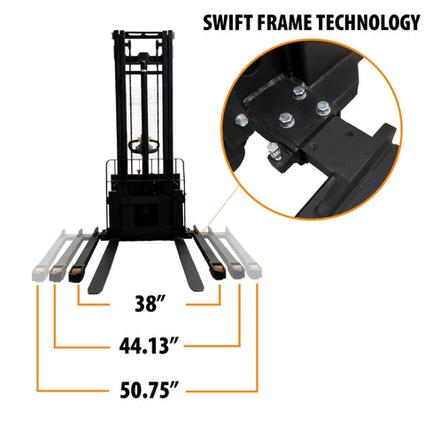 Heavy Duty Fully Electric Wide Leg Pallet Stacker With 3307 Pound Load Capacity And 130 Inch Lift Height Featuring Hassle Free Battery And No Sweat Narrow Aisle Handling with dimensions showing 38, 44.13, 50.75 inches.