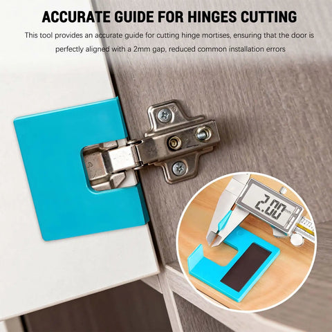 Magnetic Door Hinge Jig For Accurate Mortise And Hinge Cuts in blue, securing cabinet door hinge with precision alignment tool.