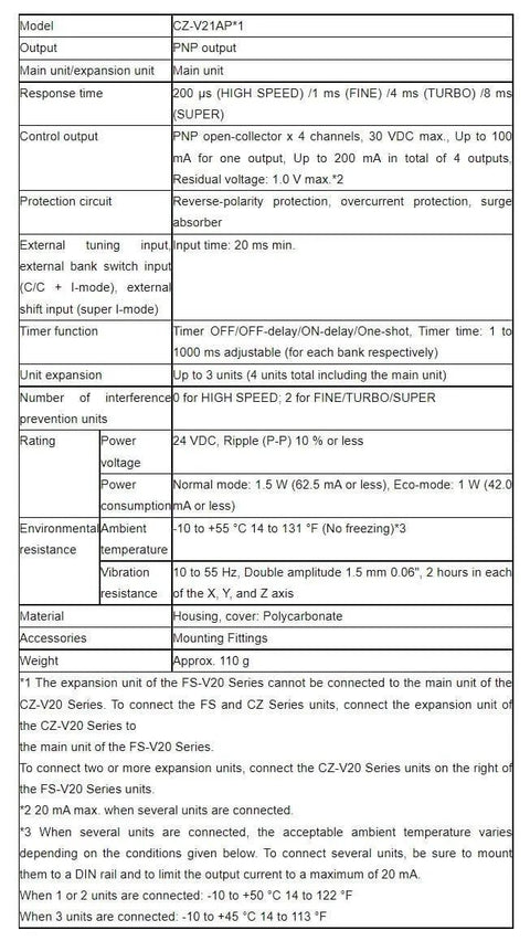 Specification sheet for Keyence CZ-V21AP Fiber Optic Color Mark Sensor PNP Output New With Four Channel Open-Collector 30 VDC Max High Speed.