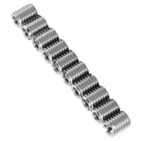 10 Piece Thread Repair Insert Kit For Cars And Machinery, Fix Stripped Threads Fast From M5x0.8 To M8x1.25, 0.4in Length, 303 Stainless Steel, Corrosion Resistant, Save Parts And Downtime With Easy DIY Install. Ten stainless steel thread inserts shown in a diagonal stack