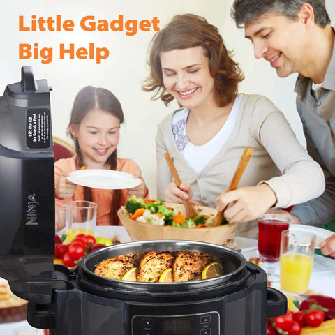 Family using Stainless Steel Inner Pot Replacement Insert For Ninja Foodi 6.5 Quart for quick meal prep at table