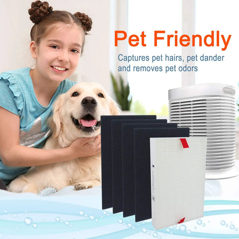 Girl with dog next to Honeywell air purifier filters, featuring Replacement Filter Set For Honeywell Air Purifier HPA100 HPA094 HPA3100