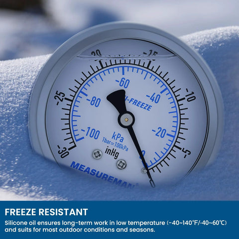 MEASUREMAN 2-1/2 in HVAC compound gauge, stainless steel case, silicone oil-filled, 1/4 NPT lower mount, front view