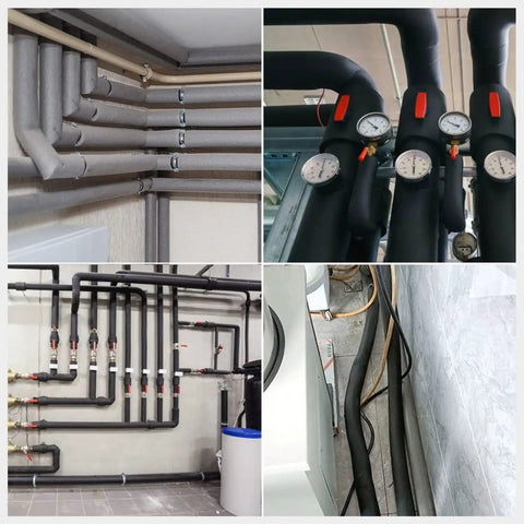 Various applications of Beefed Up Foam Pipe Insulation Tube Kit For Water Lines And HVAC, showing protected pipes and connections.