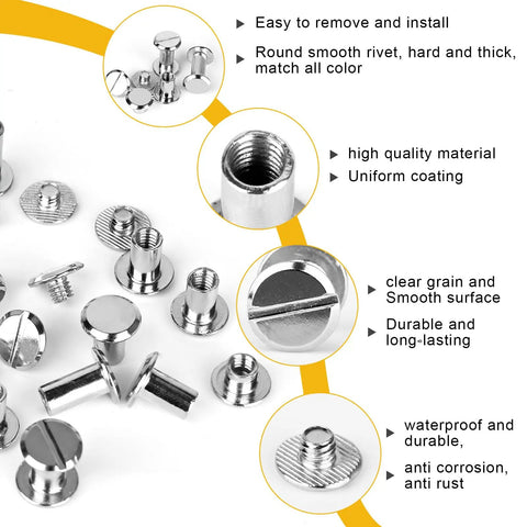 Real Slick Silver Chicago Binding Screws One Hundred Twenty Piece Heavy Duty Rivet Set Built Tough For Leather Craft showing assorted metal screws.