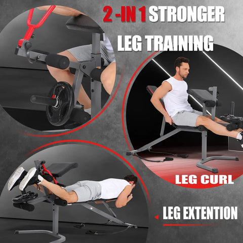 Adjustable Weight Bench Set With Leg Extension And Leg Curl, 900 Lbs Capacity, showing leg exercises in home gym setup