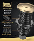 Wireless Sink Top Button For Garbage Disposals, Champagne Bronze Finish, showing brass cover, ABS plastic body, and drain hole.
