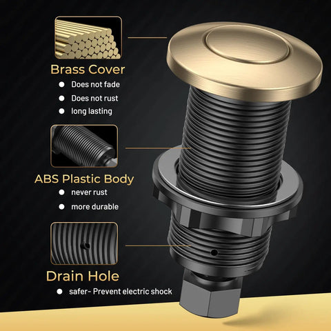 Wireless Sink Top Button For Garbage Disposals, Champagne Bronze Finish, showing brass cover, ABS plastic body, and drain hole.
