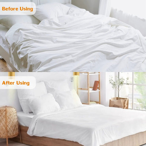 Before and after using 8 Pack Bed Sheet Straps With Adjustable Elastic Fitted Sheet Holders For Corners, Chrome Clips And Elastic Bungee Grips That Stay Put