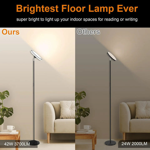 Comparison of UFO Floor Lamp 71 Inch Tall With Remote 42W 3700LM RGB LED Torchiere and a 24W 2000LM lamp in living room setting