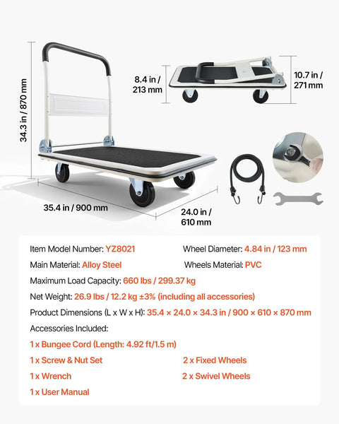 Foldable Push Cart Dolly With 660 Pound Capacity And Swivel Wheels, heavy-duty steel, space-saving design, folded view, accessories shown