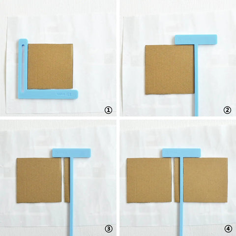 Four views of blue templates in Six Piece Bookbinding Template Kit For Scrapbooking Beginners on paper with cardboard squares
