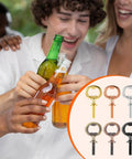 Front view of 12-pack stainless steel bottle opener inserts with threaded stems in assorted finishes for DIY projects.