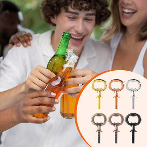 Front view of 12-pack stainless steel bottle opener inserts with threaded stems in assorted finishes for DIY projects.