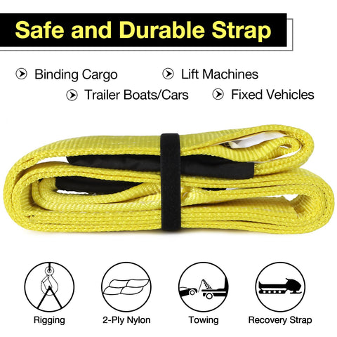 Two Ply Beefed Up Heavy Duty Flat Eye Lifting Slings Three Inch Wide Twelve Foot Long Polyester Hoist Rigging Straps For Tow And Move Secure Web Winch Strap For Trailer And Truck 9000 Vertical 7300 Choker 18000 Basket, shown coiled on a white surface with safety icons.