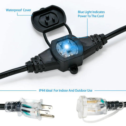 Heavy Duty 30 Foot Extension Cord With Six Weatherproof Sockets showing waterproof cover and blue power indicator for outdoor use.
