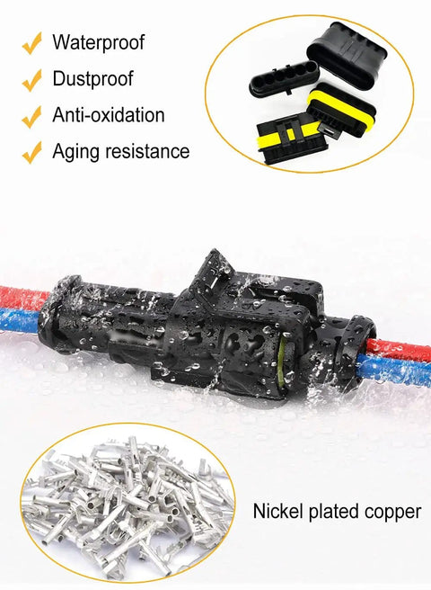Close-up of waterproof automotive electrical wire connector showing durability features; part of 800Pcs 50Set Waterproof Automotive Electrical Wire Connector Kit With 1 To 6 Pin Connectors And Ratchet Crimping Tool For Vehicle Wiring Do It Yourself Pro Grade Set.
