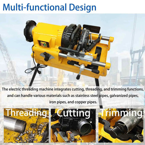 Built Tough Electric Pipe Threader Machine with yellow housing for cutting and threading metal pipes up to 3 inches, 220V 750W.