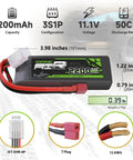 Beefy 3S LiPo Battery 2200mAh 11.1V 50C with Dean-Style T Connector and JST-XHR-4P plug, dimensions and wire details shown