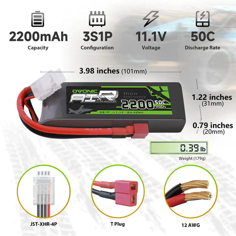 Beefy 3S LiPo Battery 2200mAh 11.1V 50C with Dean-Style T Connector and JST-XHR-4P plug, dimensions and wire details shown