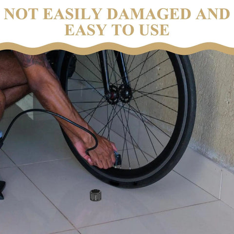 Person inflating bike tire with Rugged Aluminum Thru Axle Nut M15x1.5mm For Mountain Bikes And Electric Bikes Easy Install Durable Hub Nut nearby