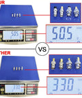 BNC to SMA Coax Adapter for Baofeng UV-5R Ham Radio, HT Antenna, Scanner and SDR Dongle weight comparison on digital scale.