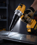Top Tier Cordless Electric Rivet Gun Tool Only Fits Standard 20V Batteries With A Slick One Touch Forward Reverse Switch in use on metal.