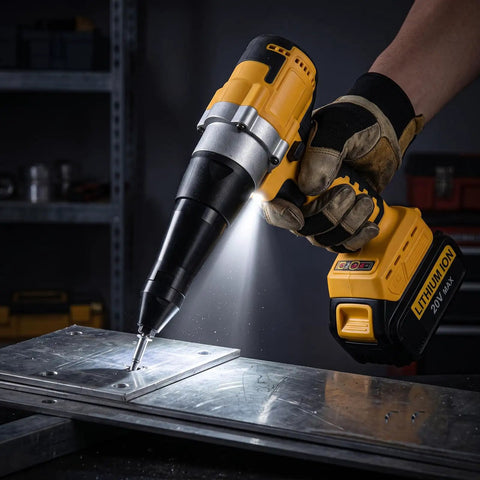 Top Tier Cordless Electric Rivet Gun Tool Only Fits Standard 20V Batteries With A Slick One Touch Forward Reverse Switch in use on metal.