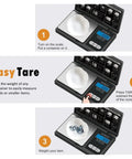 Pocket Grab N Go Precision Scale with 0.01g Accuracy, 500g Capacity showing tare function with bowl and buttons