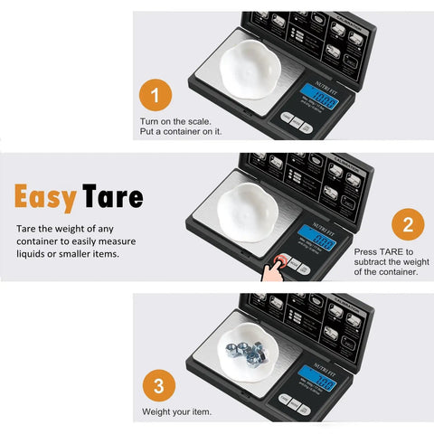 Pocket Grab N Go Precision Scale with 0.01g Accuracy, 500g Capacity showing tare function with bowl and buttons