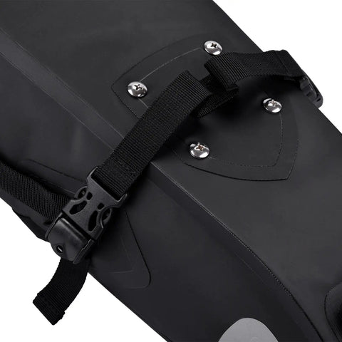 Close-up of the 10L Roll Top Bike Saddle Bag for mountain and road bikes, showing waterproof PVC TPU construction and secure straps.