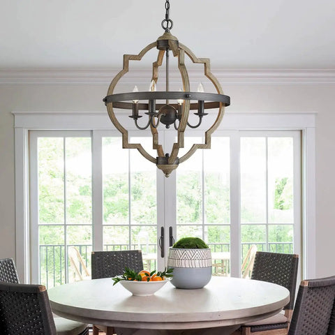 4 Light Farmhouse Chandelier For Dining Room Rustic Black Globe Orb Drum Pendant With Wood Grain Metal Frame