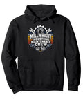 Vintage Industrial Maintenance Crew Mechanic Wrench Gear Pullover Hoodie For Plant Workers And Repair Guys Looking To Rock The Factory Shop Style With Bold Crossed Tools Design in black with logo.