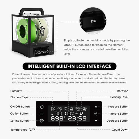 3D Printer Filament Dryer Box With Auto Rotation And Humidity Hold, LCD interface showing temperature settings and filament options