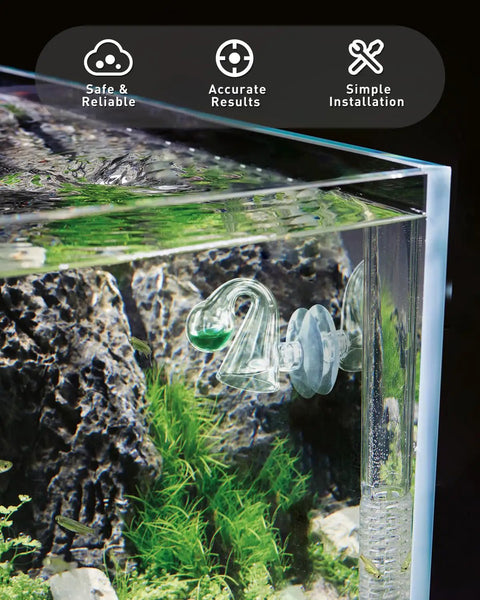 Glass CO2 Drop Checker For Aquarium Complete Plant Tank CO2 Monitor Kit With Reagent Solution And Suction Cups Easy Read CO2 Indicator For Planted Tanks Detects Carbon Dioxide Levels Quickly And Accurately, glass drop checker mounted on aquarium wall with green reagent