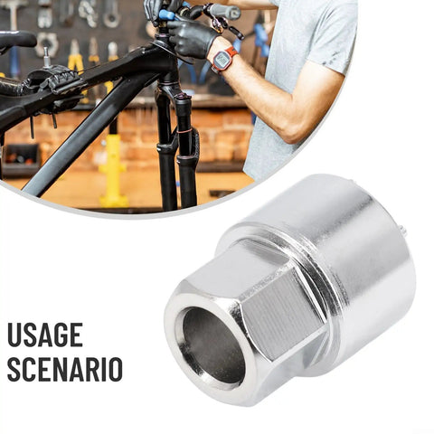 Beefy Pro Grade Crankset Installation And Removal Tool For M27 Self Extracting Bolts, shown in use for bike maintenance.