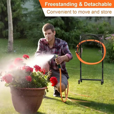 Man watering plants with Heavy Duty Freestanding Garden Hose Holder For Outdoor Use Upgraded Metal Hose Stand With Four Spikes