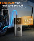 Hella Fast Cordless Tire Inflator Packed With Rechargeable Battery And Dual Power Supply For Cars Trucks And Suv Up To 150 Psi Portable Air Compressor displaying real-time tire pressure on digital screen.