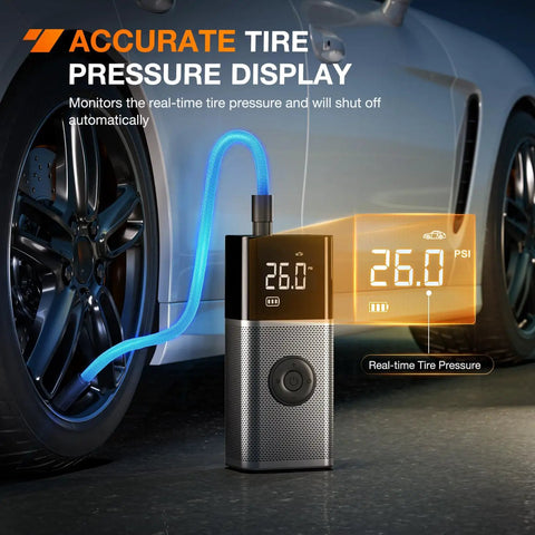 Hella Fast Cordless Tire Inflator Packed With Rechargeable Battery And Dual Power Supply For Cars Trucks And Suv Up To 150 Psi Portable Air Compressor displaying real-time tire pressure on digital screen.