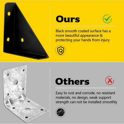 Beefy Heavy Duty Metal Corner Brackets for Wood with black finish compared to generic silver brackets.
