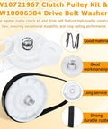 Washer Shift Actuator Kit With Pulley Clutch And Drive Belt For Maytag Kenmore Amana Whirlpool Crosley Washing Machines Replacement Part Set Easy Install Kit With Durable Components For Plug And Play Quick Fix And Smooth Quiet Washes Every Time. W10721967 pulley clutch and W10006384 belt