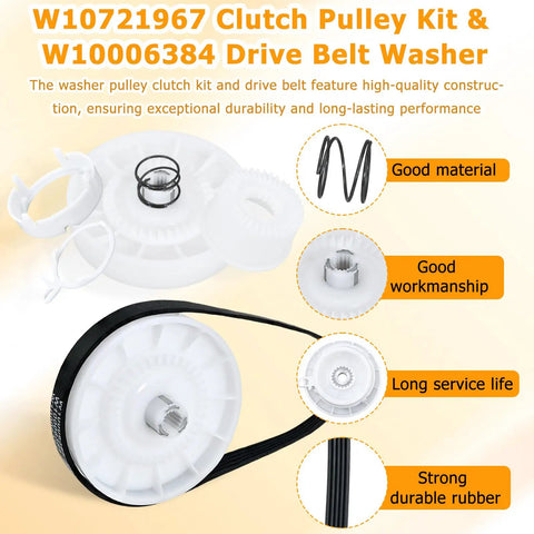 Washer Shift Actuator Kit With Pulley Clutch And Drive Belt For Maytag Kenmore Amana Whirlpool Crosley Washing Machines Replacement Part Set Easy Install Kit With Durable Components For Plug And Play Quick Fix And Smooth Quiet Washes Every Time. W10721967 pulley clutch and W10006384 belt