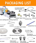 Badass Mini Table Saw With Bench Grinder Capabilities Delivering 750 Watt Motor Plus Smooth Variable Speed Control Hella Tough Rotary Power Tool showing a packaging list with various tools and components for woodworking and jade carving.