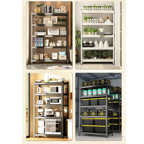 Top Shelf Five Tier Metal Shelving Unit Heavy Duty Storage Rack in various settings including kitchen and garage.